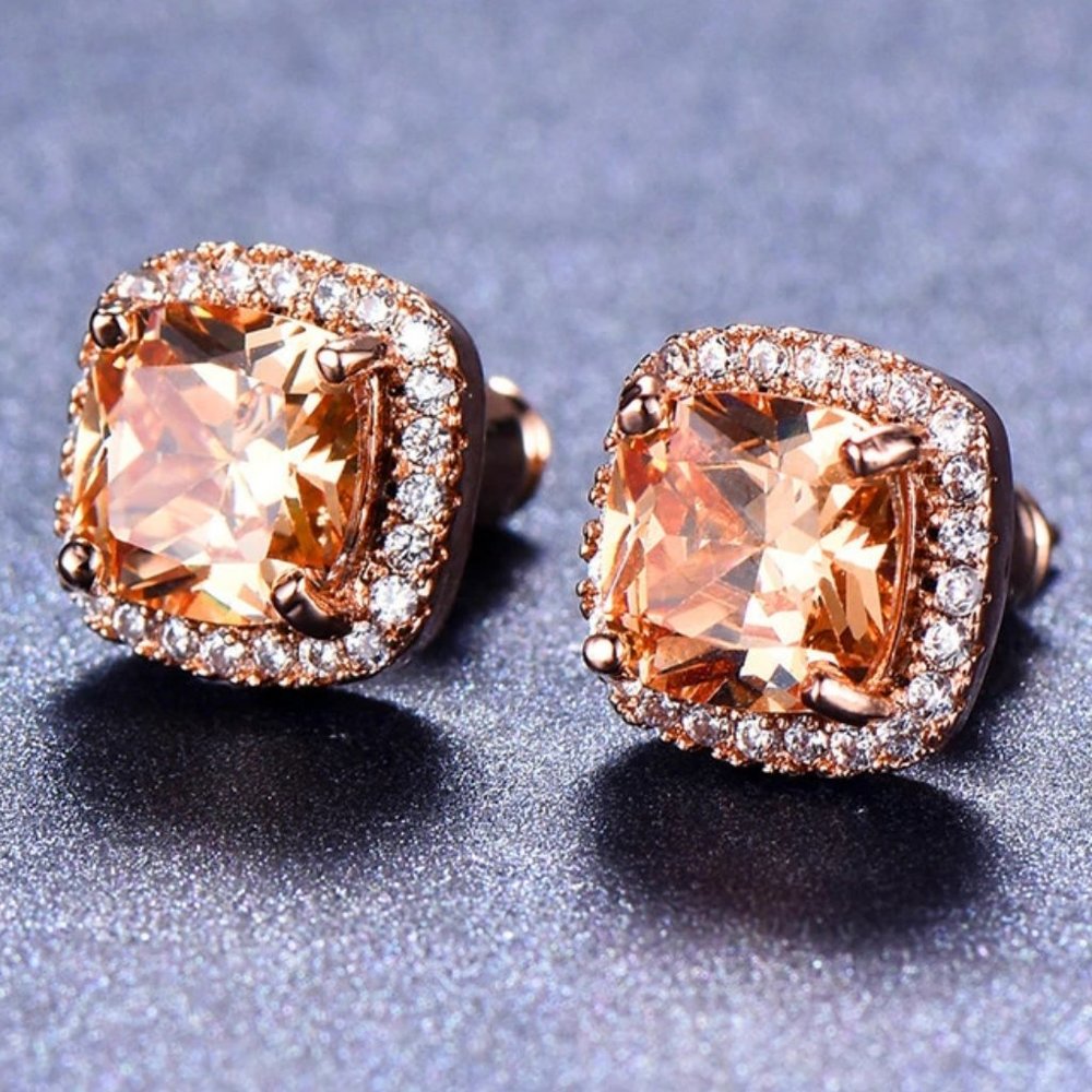 NEW 18K Rose Gold Morganite Diamond Halo Stud Earrings - Picture 2 of 3